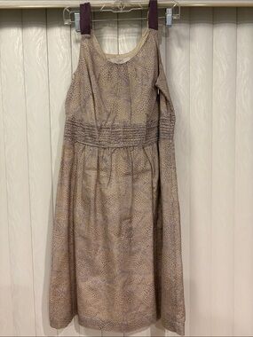 LOFT Taupe Textured Midi Dress with Smocked Waist